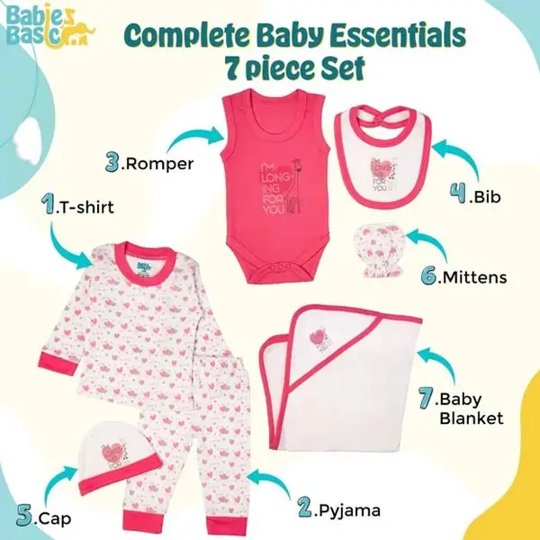 ست لباس بیمارستانی نوزادی دخترانه 7 تکه مدل Heart